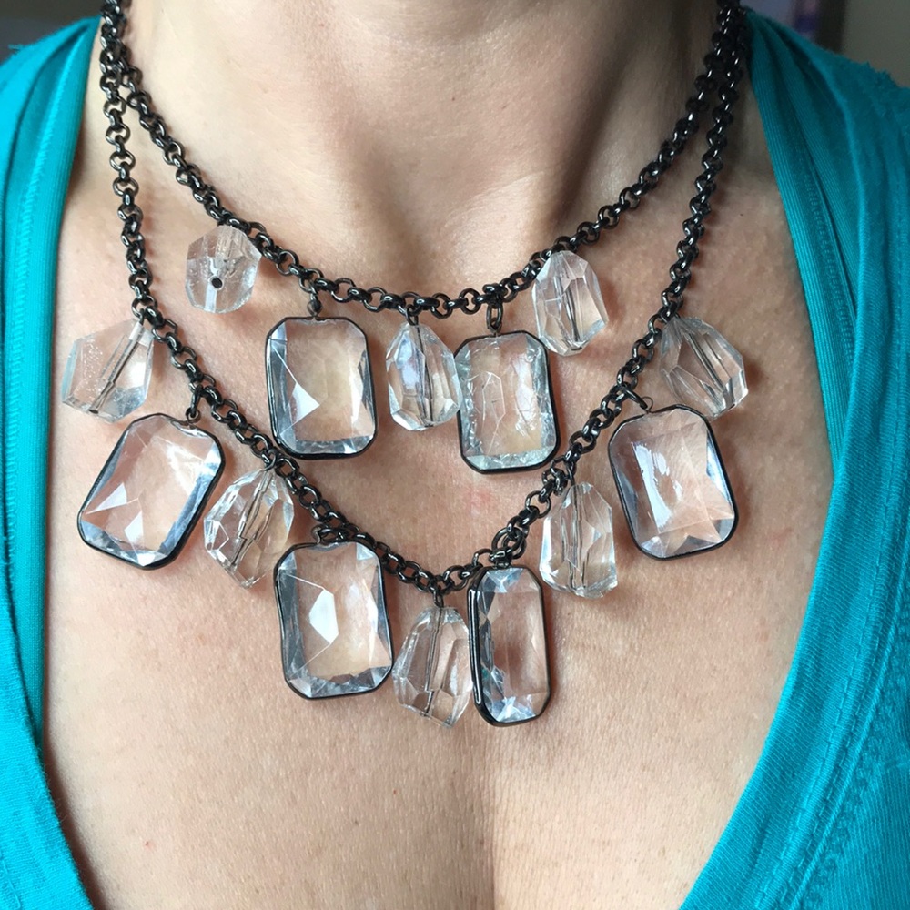 Pewter Chain 2-strand Glass-like Crystal Necklace